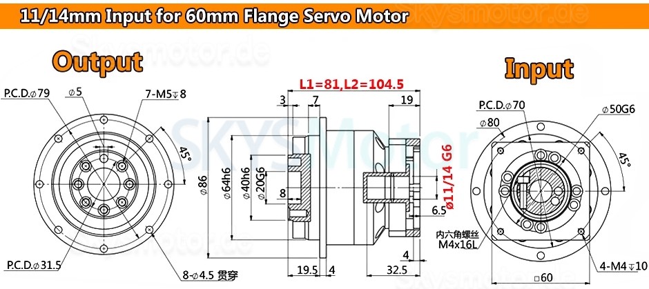 PLX060 Serie Schrägverzahntes Planetengetriebe, Flanschplattenausgabe für Nema 23 Schrittmotor / Nema 24 Servomotor